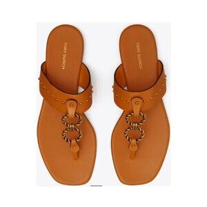 Tory Burch Perrine Vintage Plaque Leather Flat Sandals Brown Womens Size 6 NWOT